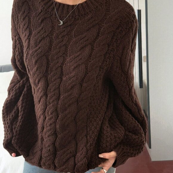 Brown Casual Women's Hemp Pattern Round Collar Wide Sleeve Long Sleeve Sweater - Picture 8 of 8